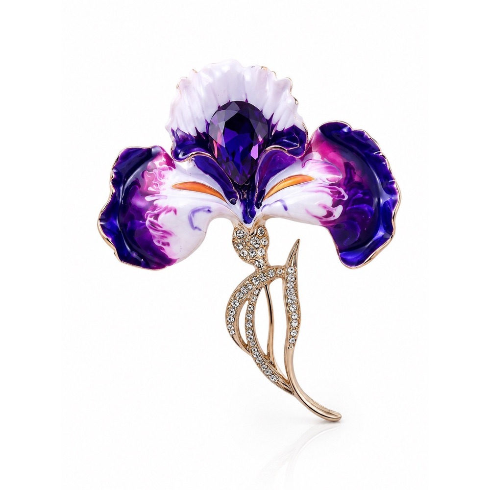 Purple Iris Flower Enamel Brooch 3 Dimensional Crystal Rhinestone Silver Tone